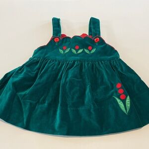 Green Velvet Dress with Red Floral Accents